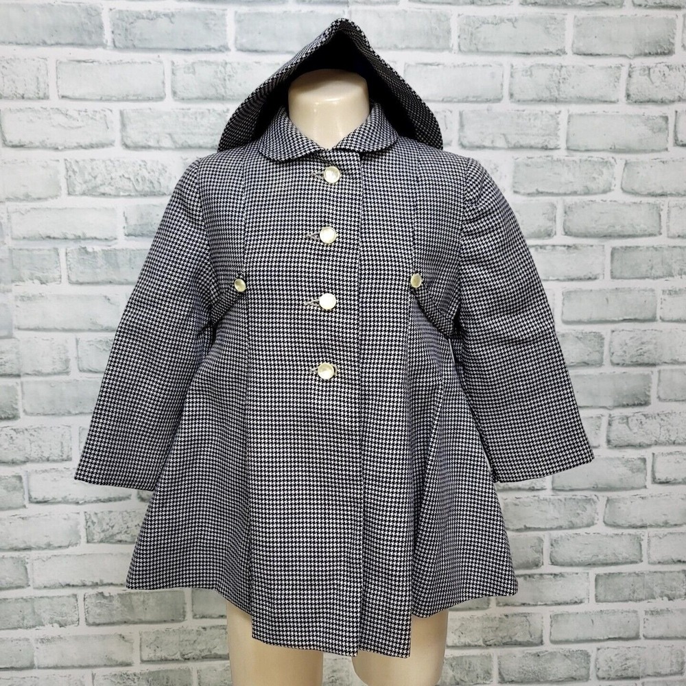 Vintage 60s Toddler Coat & Hat Set Size 3 Navy White Houndstooth Bambury Mod